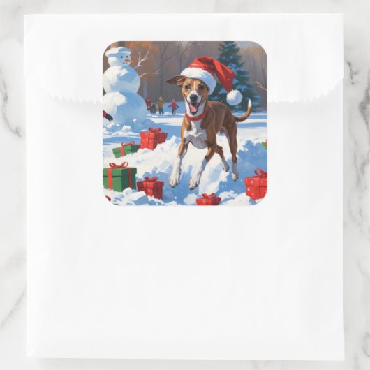Greyhound走のクリスマス帽子と雪の中 スクエアシール (バッグ)