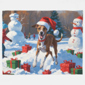 Greyhound走のクリスマス帽子と雪の中 フリースブランケット (正面(横))