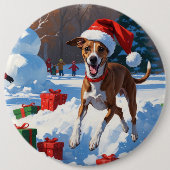 Greyhound走のクリスマス帽子と雪の中 缶バッジ (正面)