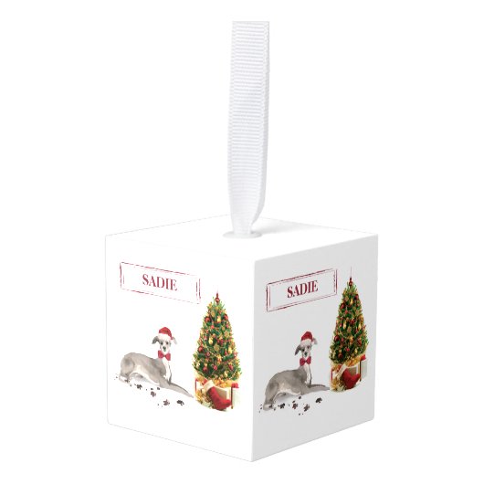 Greyhound イタリアン Christmasおもしろい Dog with Tree キューブオーナメント (正面アングル)