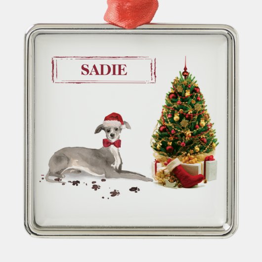 Greyhound イタリアン Christmasおもしろい Dog with Tree メタルオーナメント (正面)