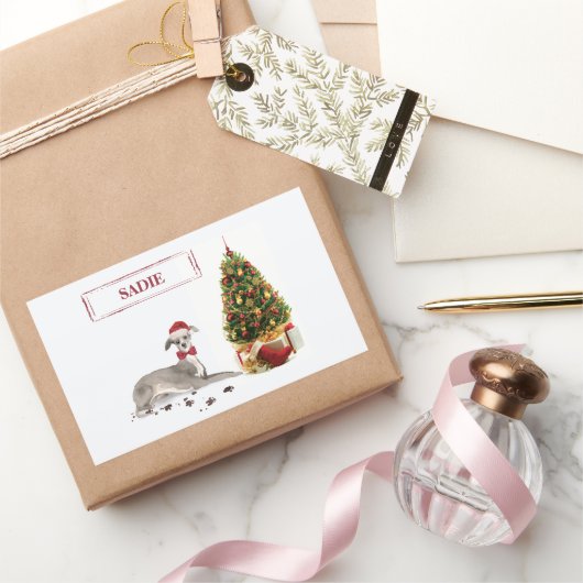 Greyhound イタリアン Christmasおもしろい Dog with Tree 長方形シール (ギフト)