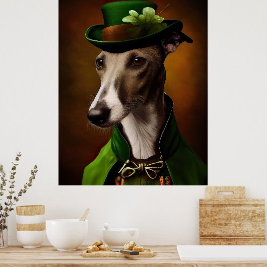 Greyhound Dog in St. Patrick's Day Dress ポスター (キッチン)