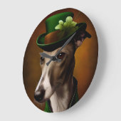 Greyhound Dog in St. Patrick's Day Dress ラージ壁時計 (傾斜)