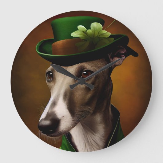 Greyhound Dog in St. Patrick's Day Dress ラージ壁時計 (正面)