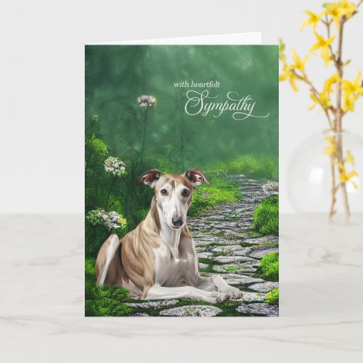 Greyhound Dog Misty Garden Path Pet Sympathy カード (黄色い花)