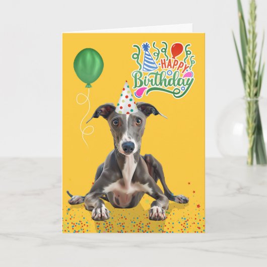 Greyhound Dog Party Hat Yellow Birthday カード (正面)