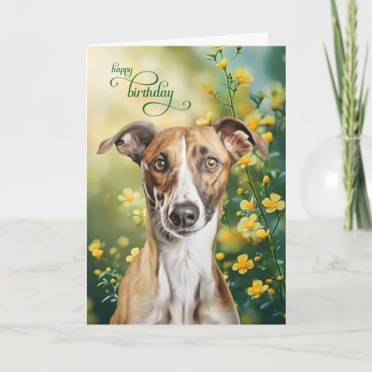 Greyhound Dog Tiny Yellow Flowers Birthday カード (正面)