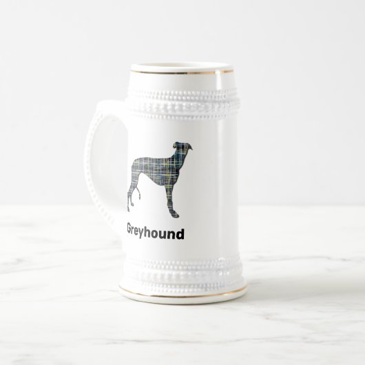 Greyhound Dog Yellow & Blue Grid Lines ビールジョッキ (正面左)