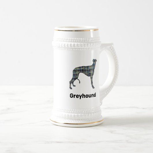 Greyhound Dog Yellow & Blue Grid Lines ビールジョッキ (正面右)