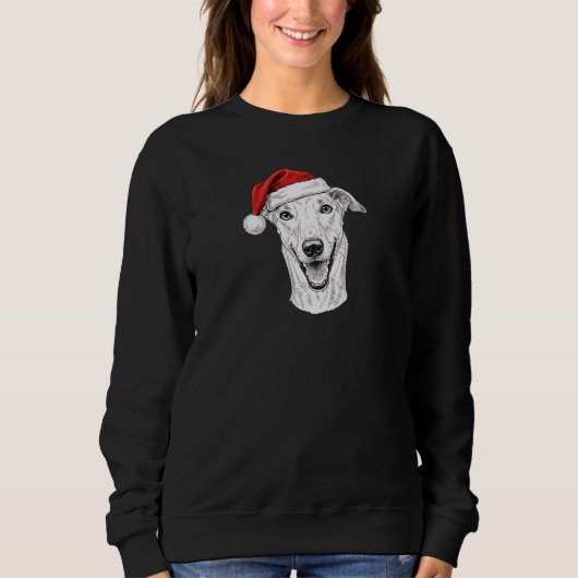 Greyhound Hand-Drawn Portrait Christmas Santa Dog スウェットシャツ (正面)