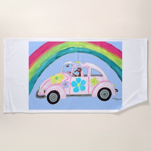 Greyhound in Hippie Car at the Beach ビーチタオル (正面)