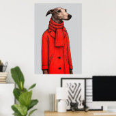 Greyhound in Vivid Red Coat, Modern Drawing ポスター (ホームオフィス)