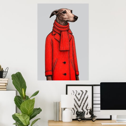 Greyhound in Vivid Red Coat, Modern Drawing ポスター (ホームオフィス)