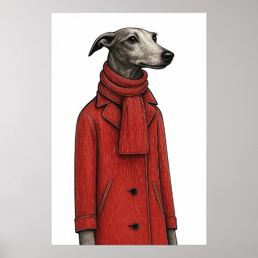 Greyhound in Winter Coat, Stylized Drawing ポスター (正面)