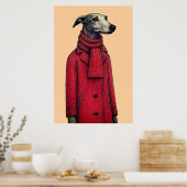 Greyhound in Winter Red Coat, Stylized Drawing ポスター (キッチン)