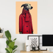 Greyhound in Winter Red Coat, Stylized Drawing ポスター (ホームオフィス)