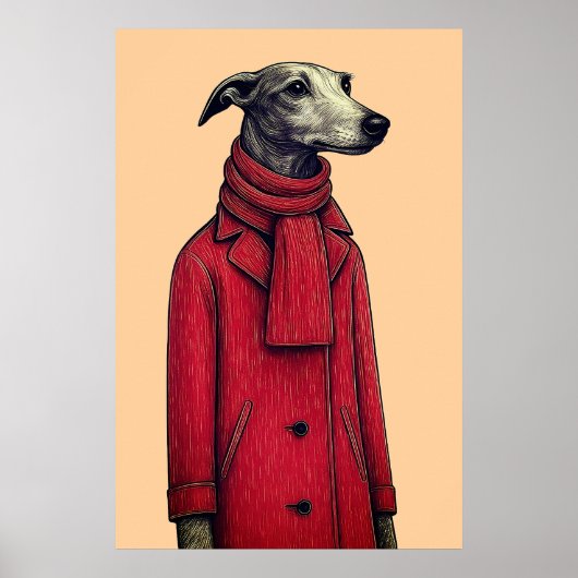 Greyhound in Winter Red Coat, Stylized Drawing ポスター (正面)