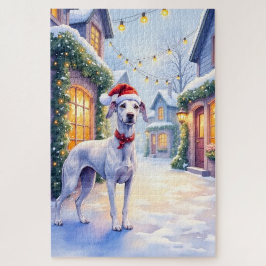 Greyhound Snowy Village Santa Hat Christmas Art ジグソーパズル (縦)
