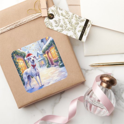 Greyhound Snowy Village Santa Hat Christmas Art スクエアシール (ギフト)