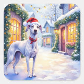 Greyhound Snowy Village Santa Hat Christmas Art スクエアシール (正面)