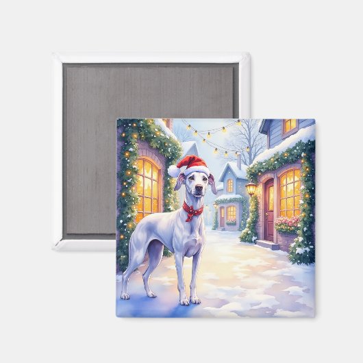 Greyhound Snowy Village Santa Hat Christmas Art マグネット (正面/裏面)