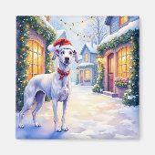 Greyhound Snowy Village Santa Hat Christmas Art マグネット (正面)