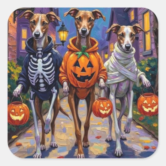 Greyhound Trick-or-Treating in Halloween Costumes スクエアシール (正面)