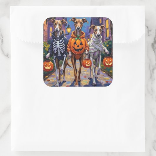 Greyhound Trick-or-Treating in Halloween Costumes スクエアシール (バッグ)
