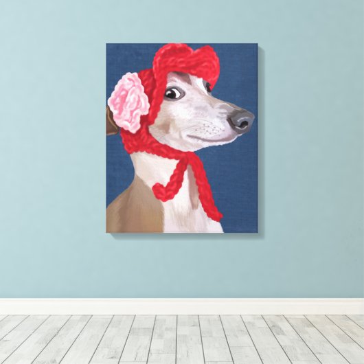 Greyhound with Red Wooly Hat キャンバスプリント (インサイチュ (ウッドフロア))