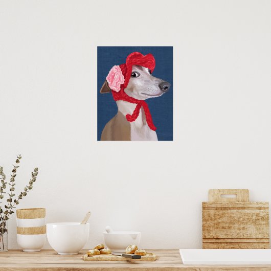 Greyhound with Red Wooly Hat ポスター (キッチン)