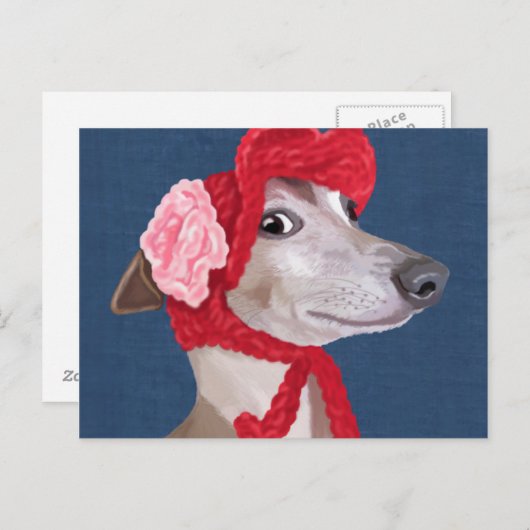 Greyhound with Red Wooly Hat ポストカード (正面/裏面)