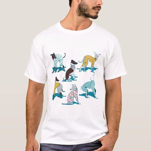 Greyhounds dogwalk //ターコイズ背景犬 tシャツ (正面)
