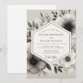 Greyscale Ink Wash Anemone Wedding 招待状 (正面/裏面)