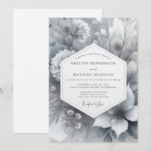 Greyscale Painterly Bloom Wedding 招待状 (正面/裏面)