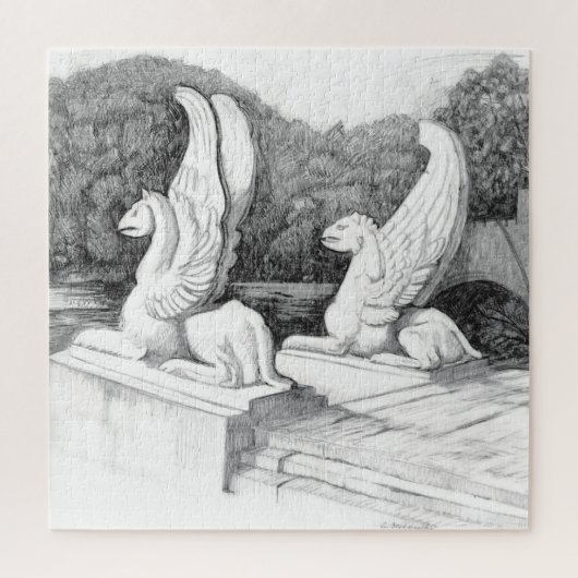 Griffins sculpture monochrome pencil Art ジグソーパズル (縦)