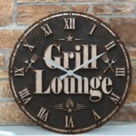 Grill Lounge Rustic BBQ Man Cave Grill Master Gift ラージ壁時計