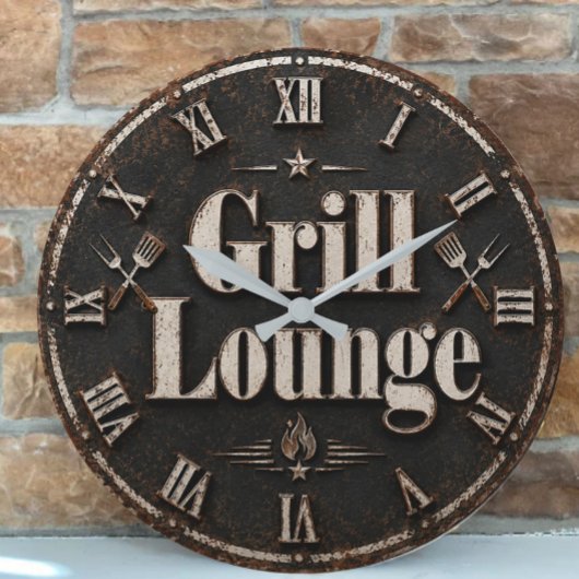 Grill Lounge Rustic BBQ Man Cave Grill Master Gift ラージ壁時計