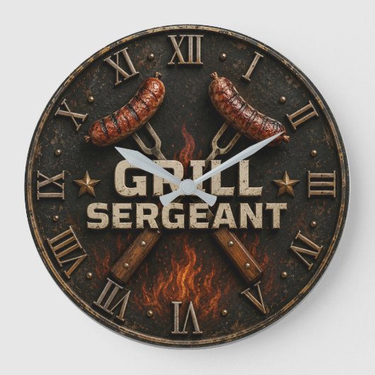 Grill Sergeant Funny BBQ Grill Master Barbecue ラージ壁時計 (正面)