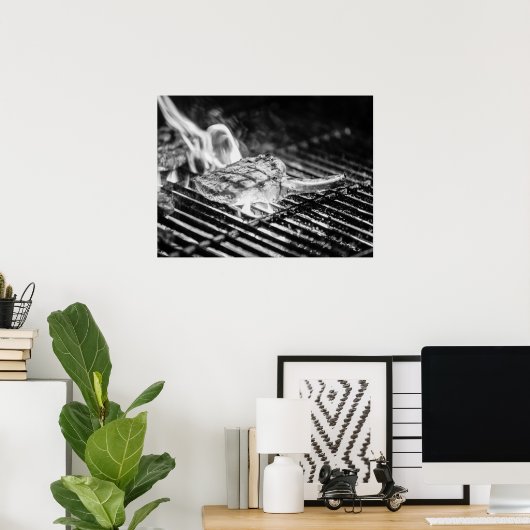 Grilled Tomahawk Steak on Flaming BBQ Grill ポスター (ホームオフィス)