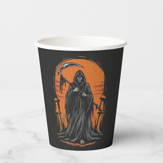 Grim Reaper Cartoon in Sunset Graveyard 紙コップ (正面)
