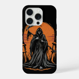 Grim Reaper Cartoon in Sunset Graveyard iPhone 15 Proケース