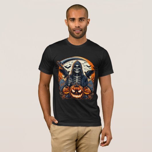 Grim Reaper Graveyard Spooky Pumpkins Halloween Tシャツ (正面フル)