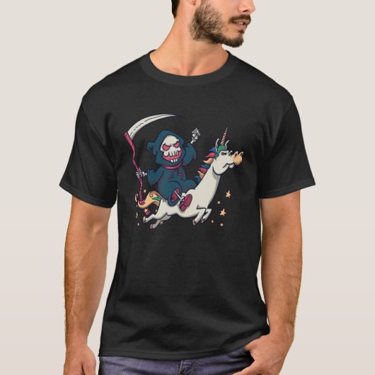 Grim Reaper Riding On A Unicorn Halloween Tシャツ (正面)
