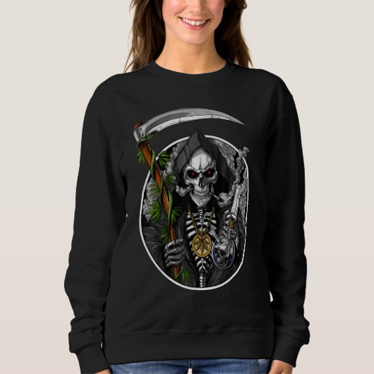 Grim Reaper Smoking Weed Smoking Skull Skeleton スウェットシャツ (正面)