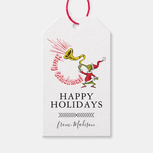 Grinch Blowing the Merry Grinchmas Horn ギフトタグ (正面)