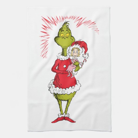 Grinch Holds Cindy Lou Who キッチンタオル (縦)