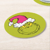 Grinch in Pink Santa Hat ラウンドペーパーコースター (アングル)