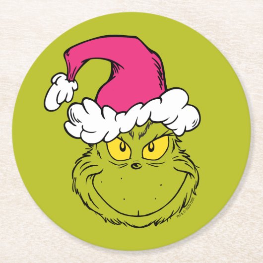 Grinch in Pink Santa Hat ラウンドペーパーコースター (正面)