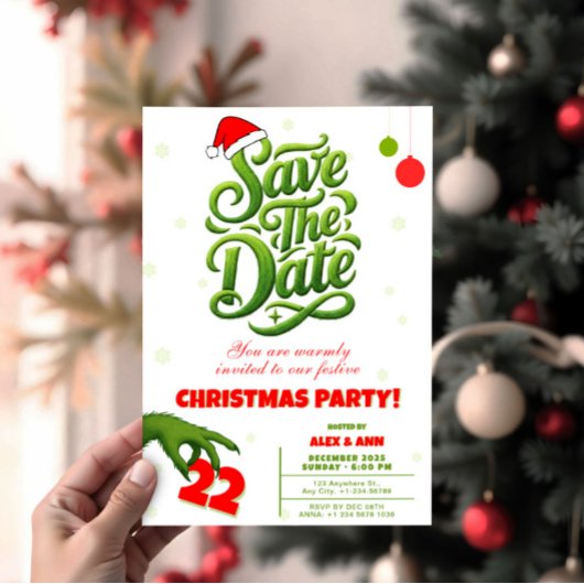 Grinch Style Christmas Party Save the Date 招待状